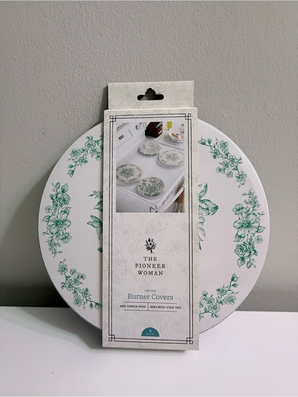 NEW The Pioneer Woman Agatha 4-Piece Burner Covers Set White Green Floral